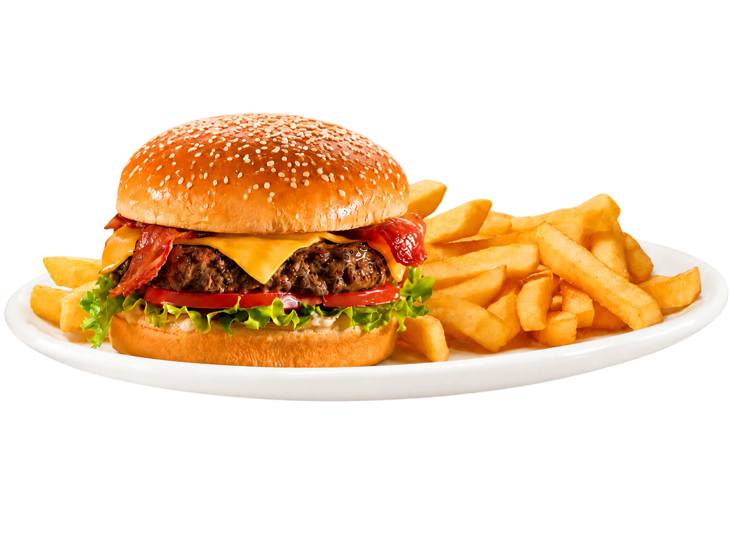Cheeseburger with bacon, lettuce, tomato, and mayonnaise served with French fries on a white plate.