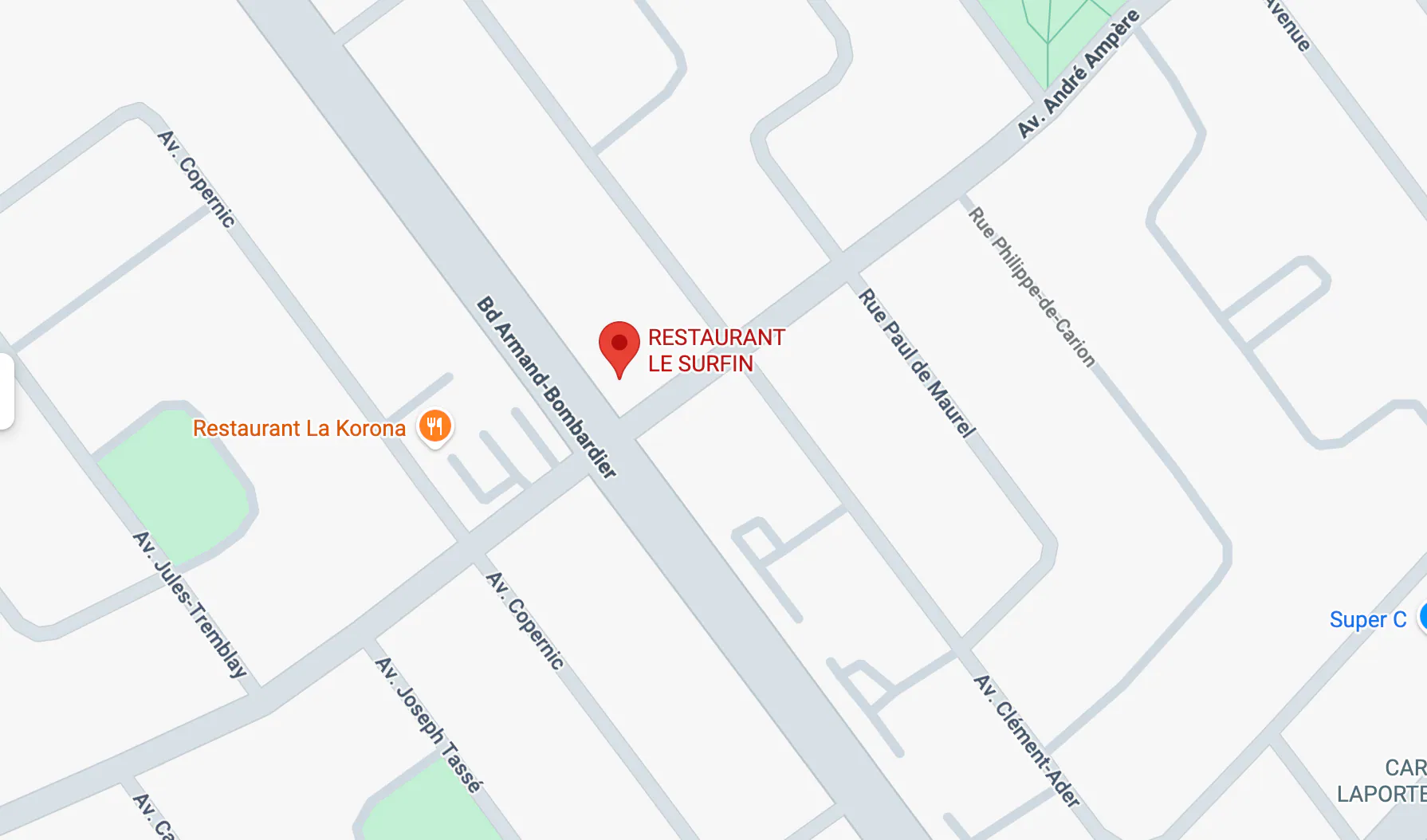 Map with location pin for Restaurant Le Surfin on Bd Armand-Bombardier near Av Copernic.