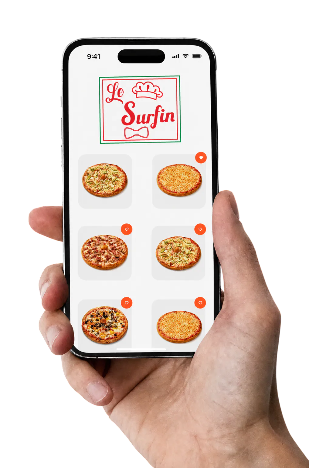 Hand holding phone showing pizza menu app with six pizzas and Le Surfin logo at top.