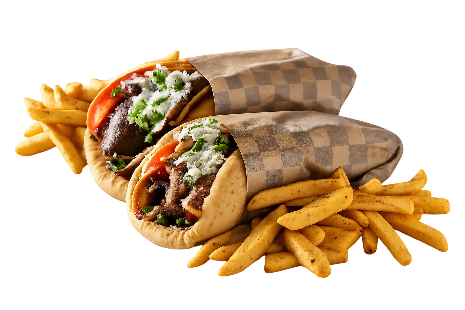 Two gyro wraps with meat, tomato, lettuce, and sauce wrapped in checkered paper with seasoned fries.