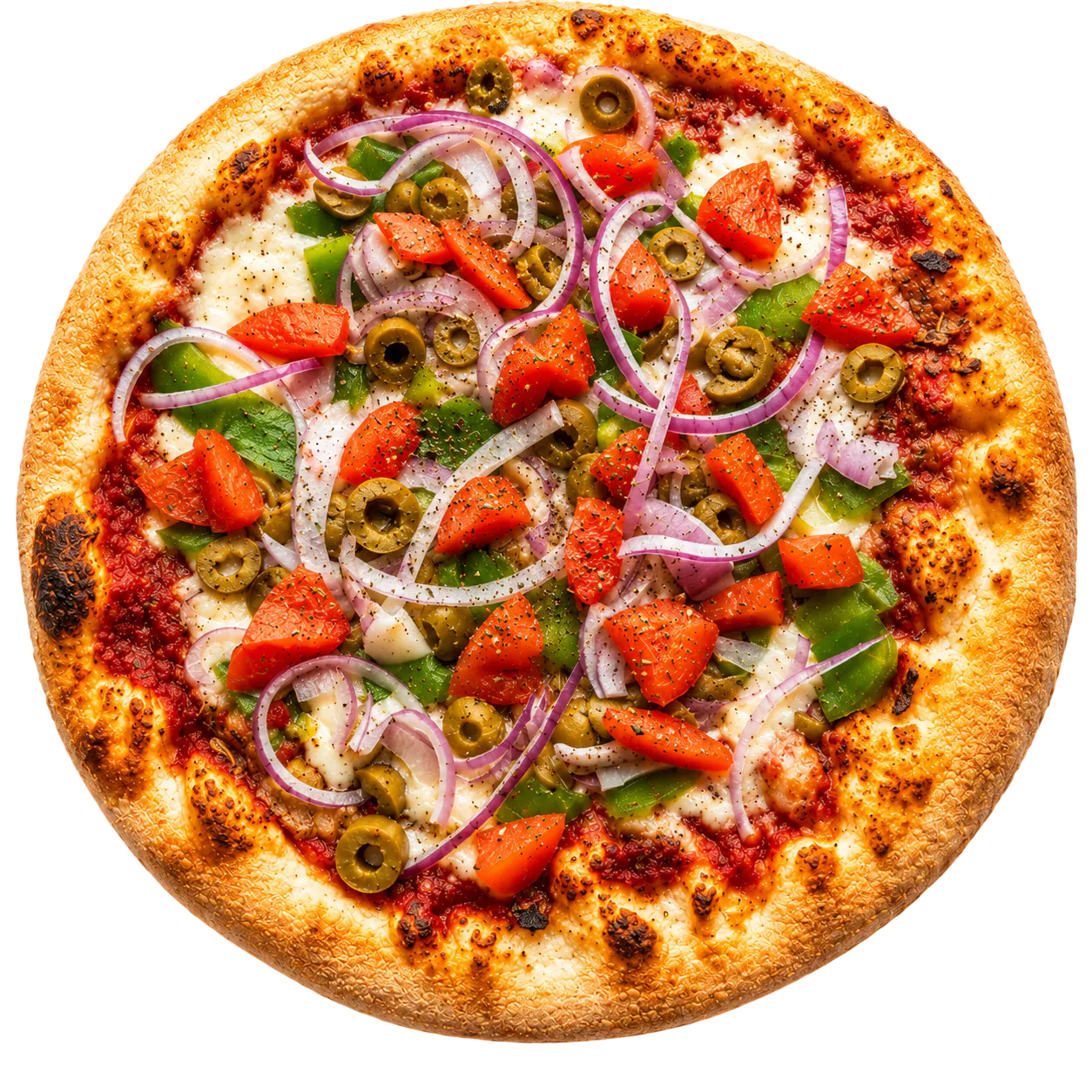 Vegetarian pizza with tomato, green bell peppers, sliced olives, red onion, and cheese on a golden crust.